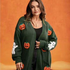 BloomChic Dark Green Cardigan with Pumpkin and Ghost Motifs